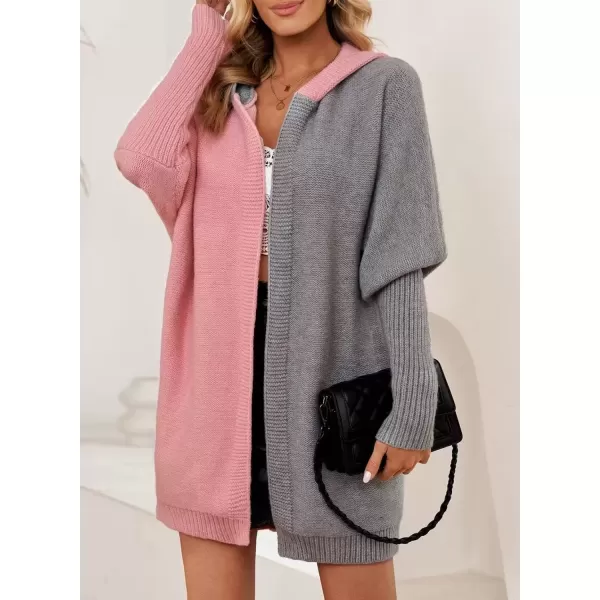 imageAstylish Women 2024 Open Front Long Sleeve Hooded Knit Cardigan Sweaters Color Block Outwear CoatPink
