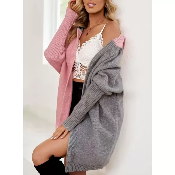imageAstylish Women 2024 Open Front Long Sleeve Hooded Knit Cardigan Sweaters Color Block Outwear CoatPink