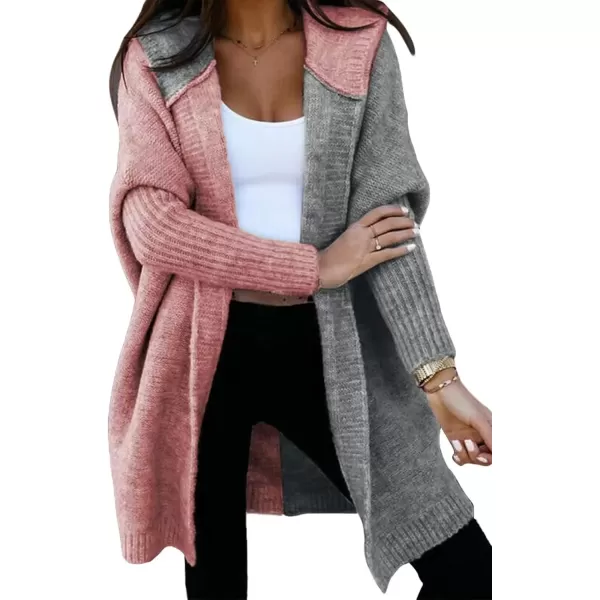imageAstylish Women 2024 Open Front Long Sleeve Hooded Knit Cardigan Sweaters Color Block Outwear CoatPink