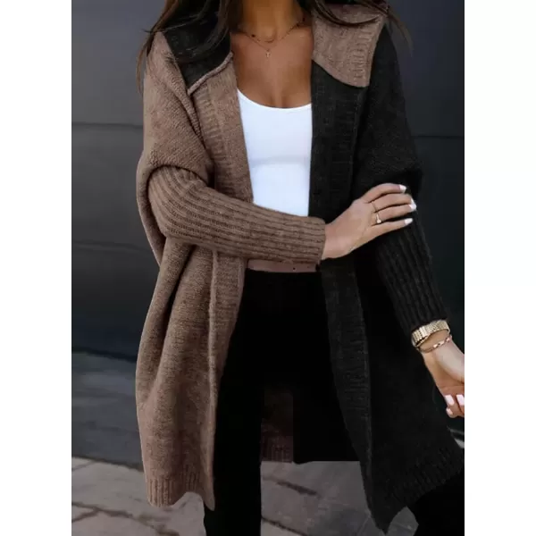 imageAstylish Women 2024 Open Front Long Sleeve Hooded Knit Cardigan Sweaters Color Block Outwear CoatZ Black