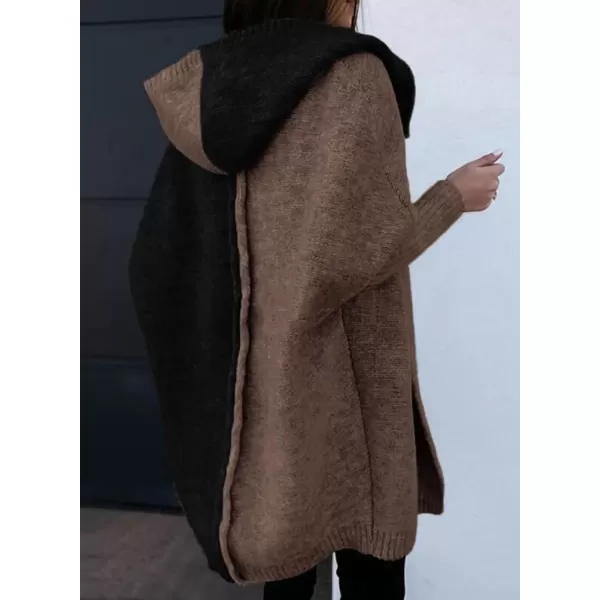 imageAstylish Women 2024 Open Front Long Sleeve Hooded Knit Cardigan Sweaters Color Block Outwear CoatZ Black