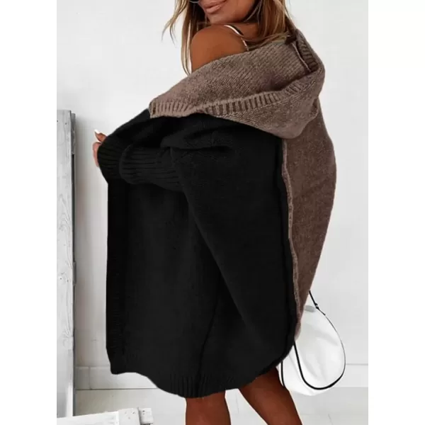 imageAstylish Women 2024 Open Front Long Sleeve Hooded Knit Cardigan Sweaters Color Block Outwear CoatZ Black