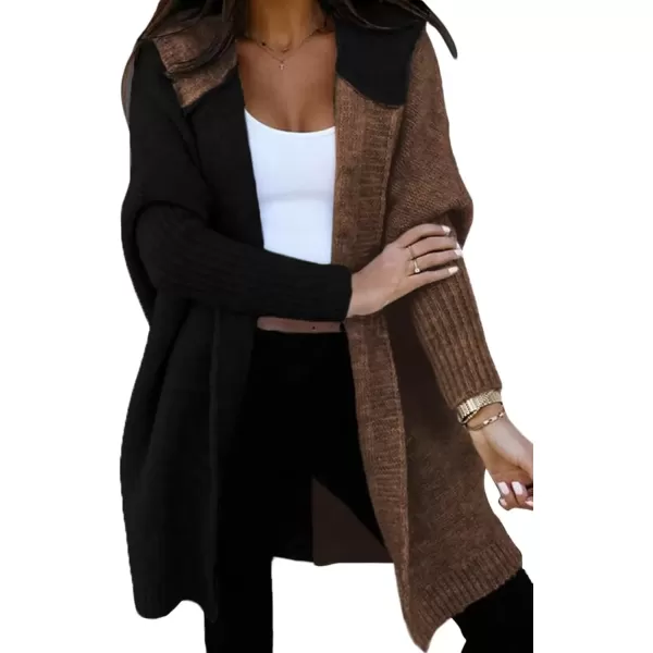 imageAstylish Women 2024 Open Front Long Sleeve Hooded Knit Cardigan Sweaters Color Block Outwear CoatZ Black