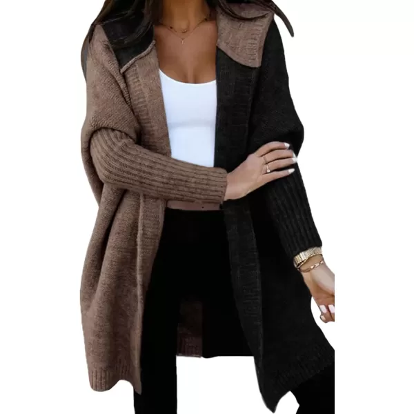imageAstylish Women 2024 Open Front Long Sleeve Hooded Knit Cardigan Sweaters Color Block Outwear CoatZ Black