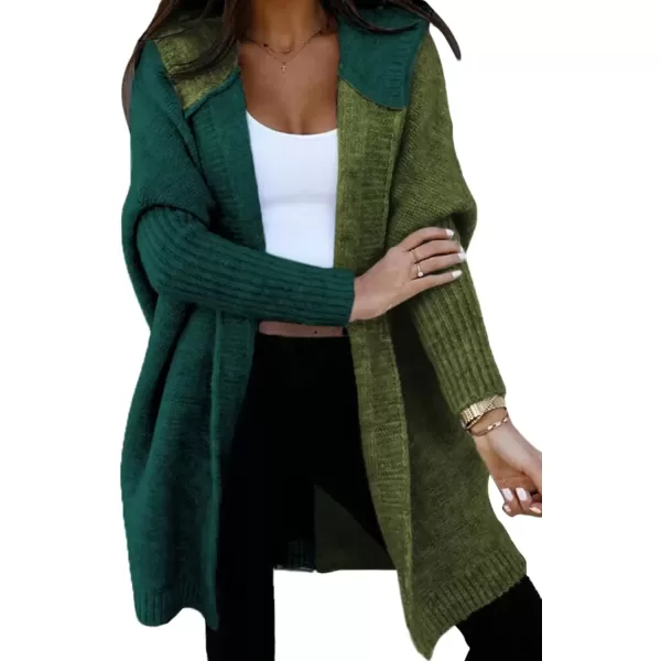 imageAstylish Women 2024 Open Front Long Sleeve Hooded Knit Cardigan Sweaters Color Block Outwear CoatZ Blackish Green