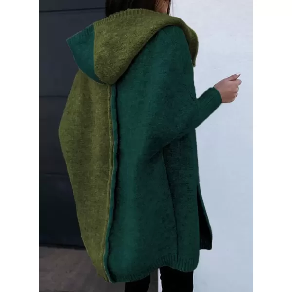 imageAstylish Women 2024 Open Front Long Sleeve Hooded Knit Cardigan Sweaters Color Block Outwear CoatZ Blackish Green