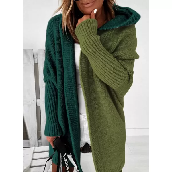 imageAstylish Women 2024 Open Front Long Sleeve Hooded Knit Cardigan Sweaters Color Block Outwear CoatZ Blackish Green