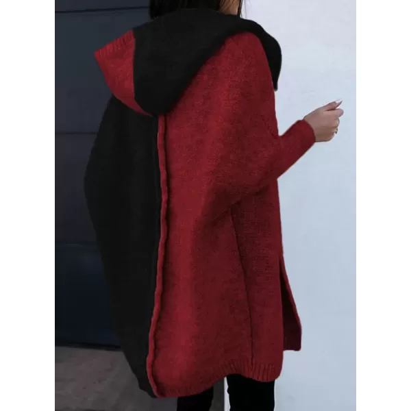 imageAstylish Women 2024 Open Front Long Sleeve Hooded Knit Cardigan Sweaters Color Block Outwear CoatZ Fiery Red
