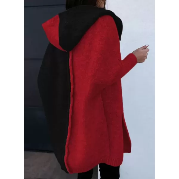 imageAstylish Women 2024 Open Front Long Sleeve Hooded Knit Cardigan Sweaters Color Block Outwear CoatZ Fiery Red