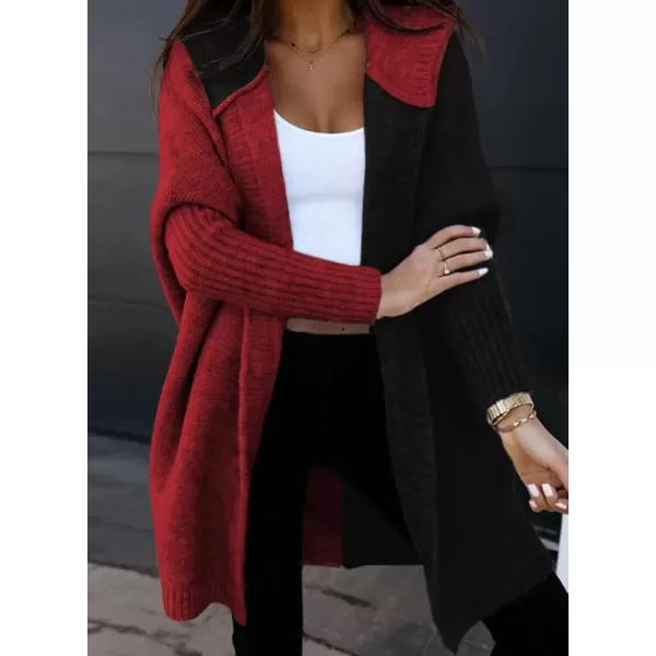 imageAstylish Women 2024 Open Front Long Sleeve Hooded Knit Cardigan Sweaters Color Block Outwear CoatZ Fiery Red