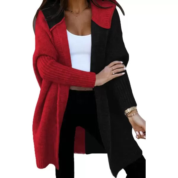 imageAstylish Women 2024 Open Front Long Sleeve Hooded Knit Cardigan Sweaters Color Block Outwear CoatZ Fiery Red