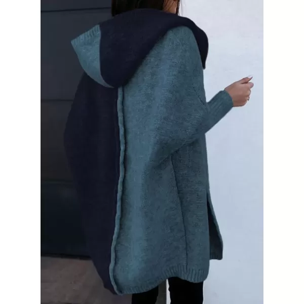 imageAstylish Women 2024 Open Front Long Sleeve Hooded Knit Cardigan Sweaters Color Block Outwear CoatZ Navy Blue