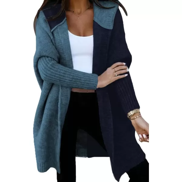 imageAstylish Women 2024 Open Front Long Sleeve Hooded Knit Cardigan Sweaters Color Block Outwear CoatZ Navy Blue