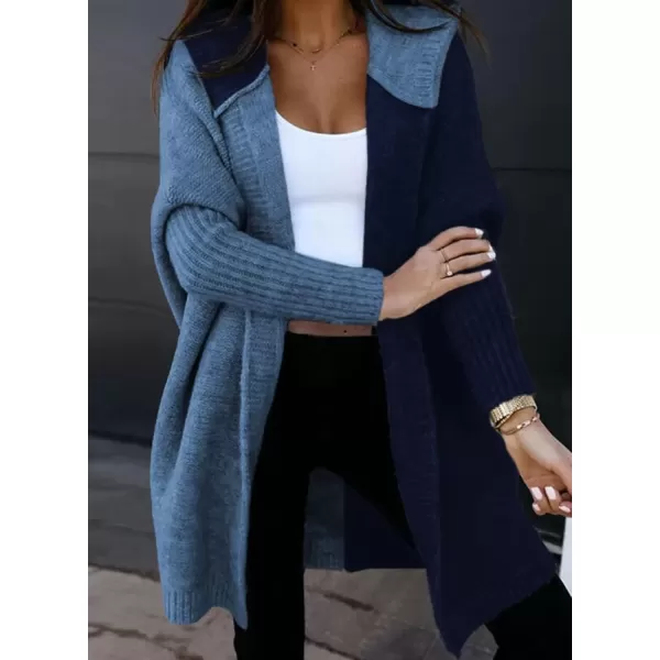 imageAstylish Women 2024 Open Front Long Sleeve Hooded Knit Cardigan Sweaters Color Block Outwear CoatZ Navy Blue