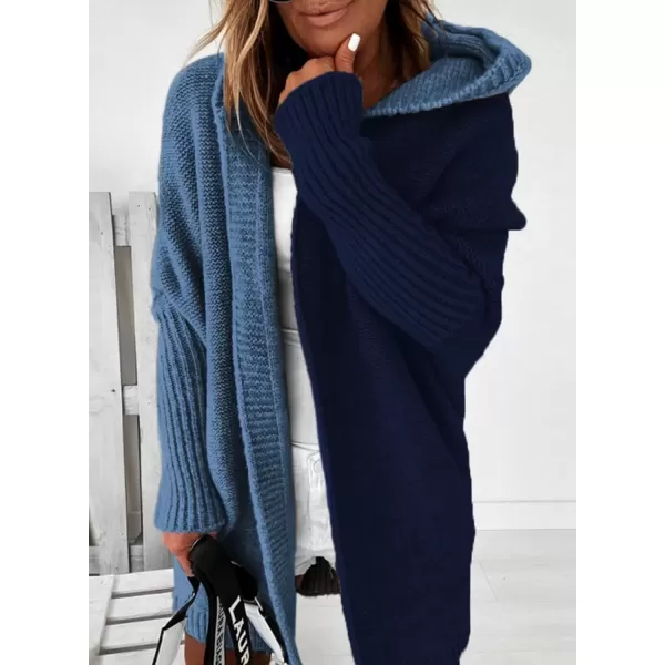 imageAstylish Women 2024 Open Front Long Sleeve Hooded Knit Cardigan Sweaters Color Block Outwear CoatZ Navy Blue