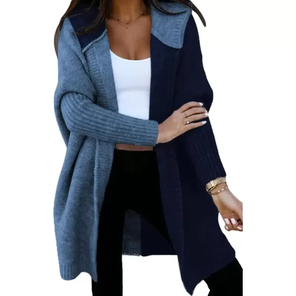 imageAstylish Women 2024 Open Front Long Sleeve Hooded Knit Cardigan Sweaters Color Block Outwear CoatZ Navy Blue
