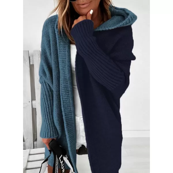 imageAstylish Women 2024 Open Front Long Sleeve Hooded Knit Cardigan Sweaters Color Block Outwear CoatZ Navy Blue