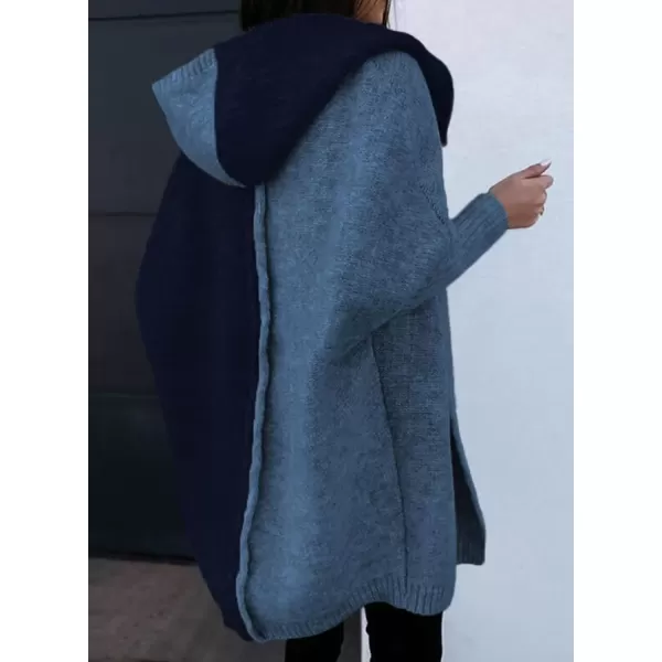 imageAstylish Women 2024 Open Front Long Sleeve Hooded Knit Cardigan Sweaters Color Block Outwear CoatZ Navy Blue