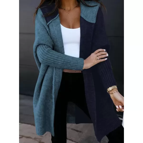 imageAstylish Women 2024 Open Front Long Sleeve Hooded Knit Cardigan Sweaters Color Block Outwear CoatZ Navy Blue