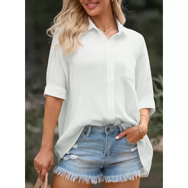 imageAstylish Women 2024 Oversized Button Down Shirt 34 Sleeve Blouse VNeck Textured TopsA White