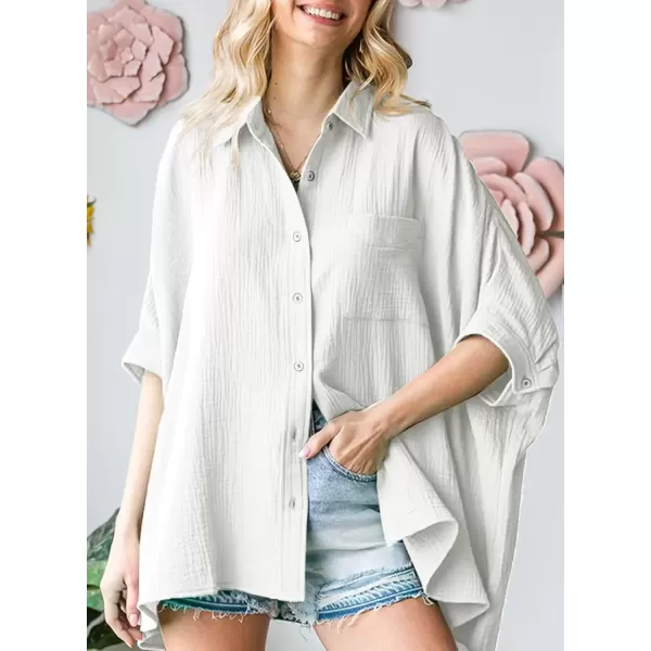 imageAstylish Women 2024 Oversized Button Down Shirt 34 Sleeve Blouse VNeck Textured TopsA White
