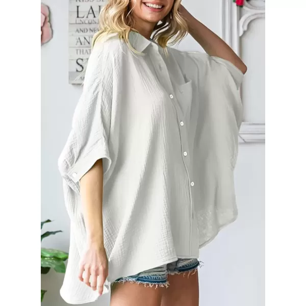 imageAstylish Women 2024 Oversized Button Down Shirt 34 Sleeve Blouse VNeck Textured TopsA White