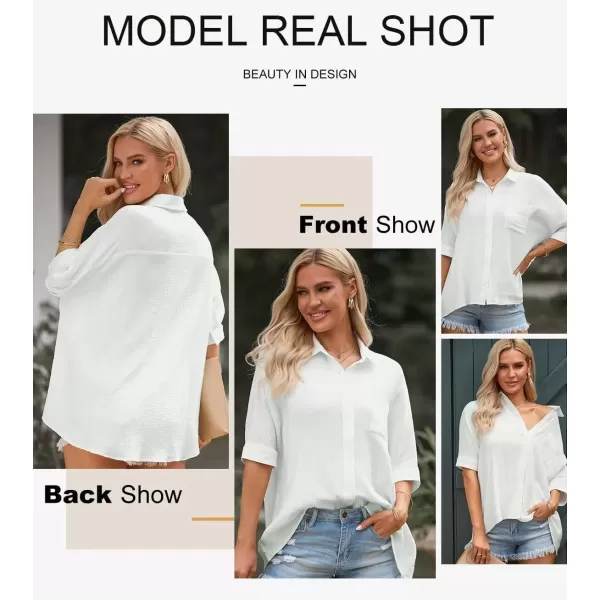 imageAstylish Women 2024 Oversized Button Down Shirt 34 Sleeve Blouse VNeck Textured TopsA White