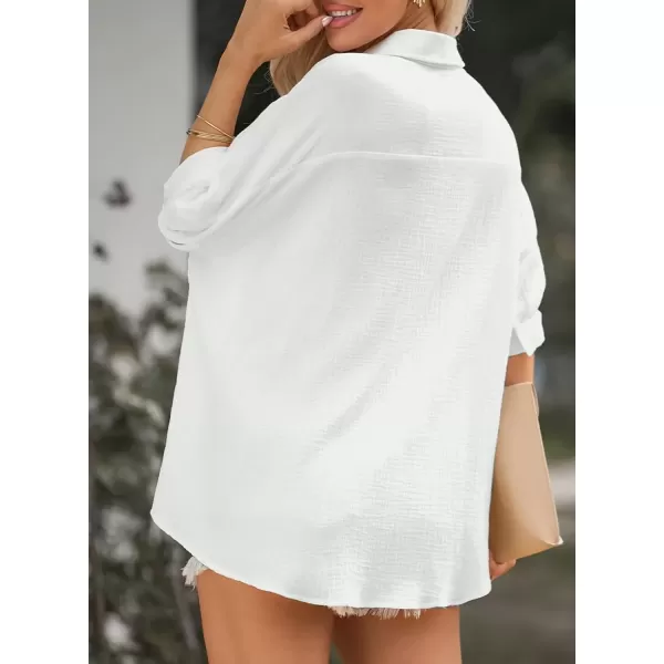 imageAstylish Women 2024 Oversized Button Down Shirt 34 Sleeve Blouse VNeck Textured TopsA White