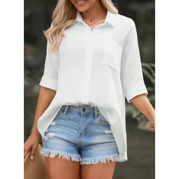 imageAstylish Women 2024 Oversized Button Down Shirt 34 Sleeve Blouse VNeck Textured TopsA White
