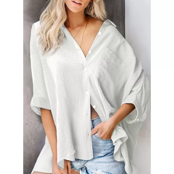 imageAstylish Women 2024 Oversized Button Down Shirt 34 Sleeve Blouse VNeck Textured TopsA White