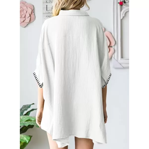 imageAstylish Women 2024 Oversized Button Down Shirt 34 Sleeve Blouse VNeck Textured TopsB White