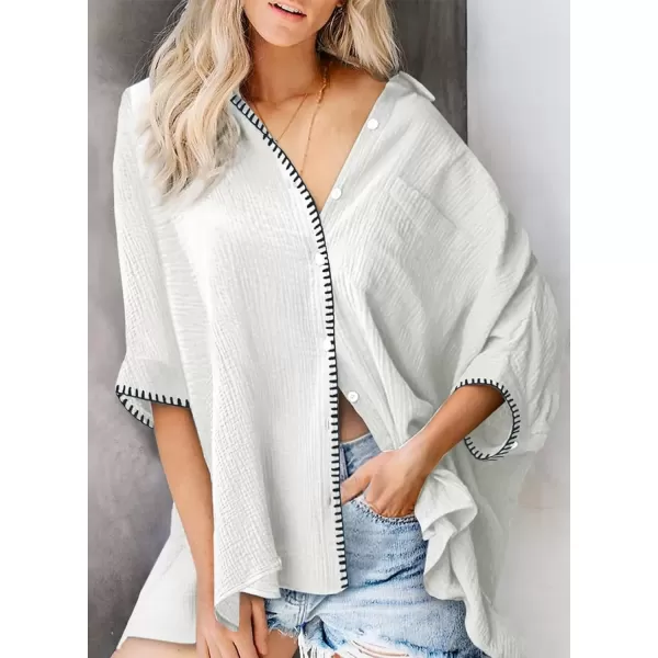 imageAstylish Women 2024 Oversized Button Down Shirt 34 Sleeve Blouse VNeck Textured TopsB White