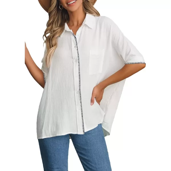 imageAstylish Women 2024 Oversized Button Down Shirt 34 Sleeve Blouse VNeck Textured TopsB White