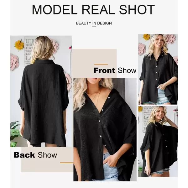 imageAstylish Women 2024 Oversized Button Down Shirt 34 Sleeve Blouse VNeck Textured TopsBlack