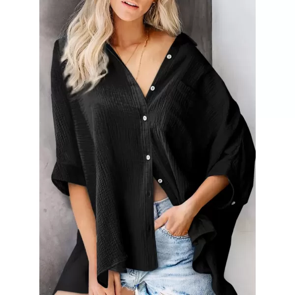 imageAstylish Women 2024 Oversized Button Down Shirt 34 Sleeve Blouse VNeck Textured TopsBlack