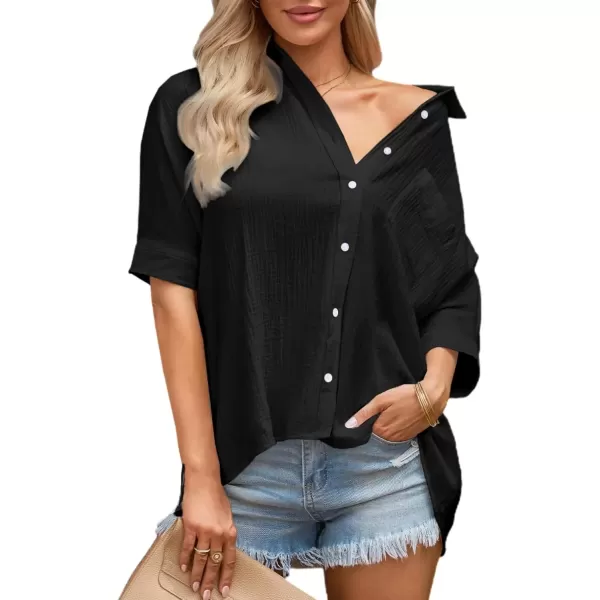 imageAstylish Women 2024 Oversized Button Down Shirt 34 Sleeve Blouse VNeck Textured TopsBlack