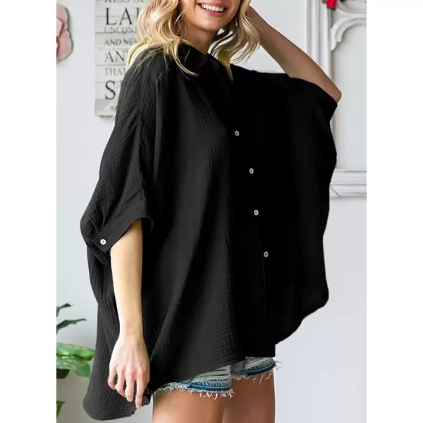 imageAstylish Women 2024 Oversized Button Down Shirt 34 Sleeve Blouse VNeck Textured TopsBlack