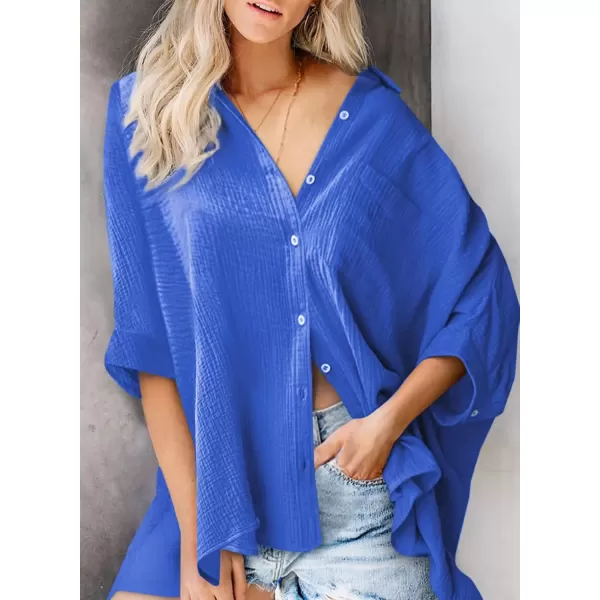imageAstylish Women 2024 Oversized Button Down Shirt 34 Sleeve Blouse VNeck Textured TopsBlue