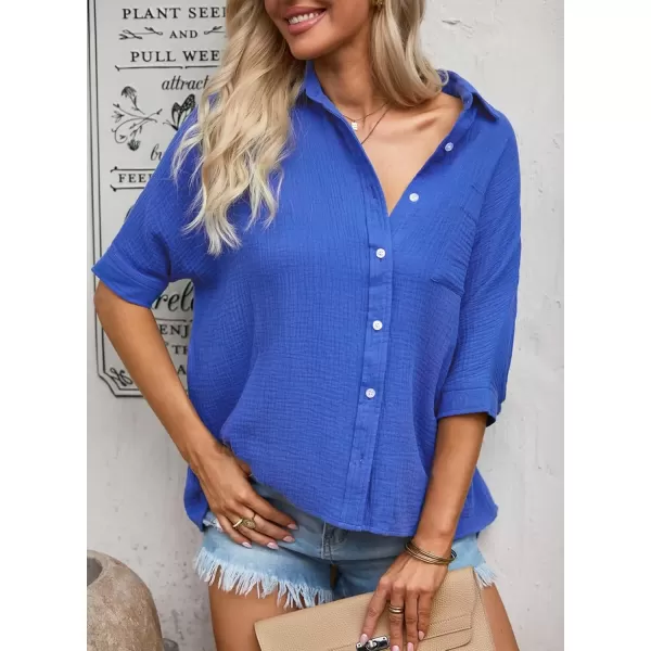 imageAstylish Women 2024 Oversized Button Down Shirt 34 Sleeve Blouse VNeck Textured TopsBlue