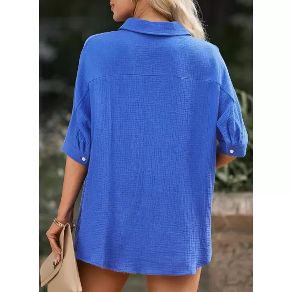 imageAstylish Women 2024 Oversized Button Down Shirt 34 Sleeve Blouse VNeck Textured TopsBlue