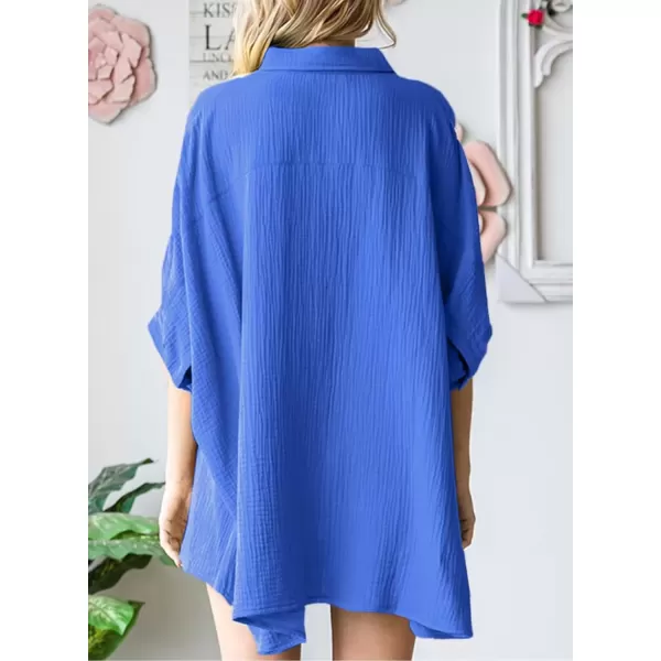 imageAstylish Women 2024 Oversized Button Down Shirt 34 Sleeve Blouse VNeck Textured TopsBlue