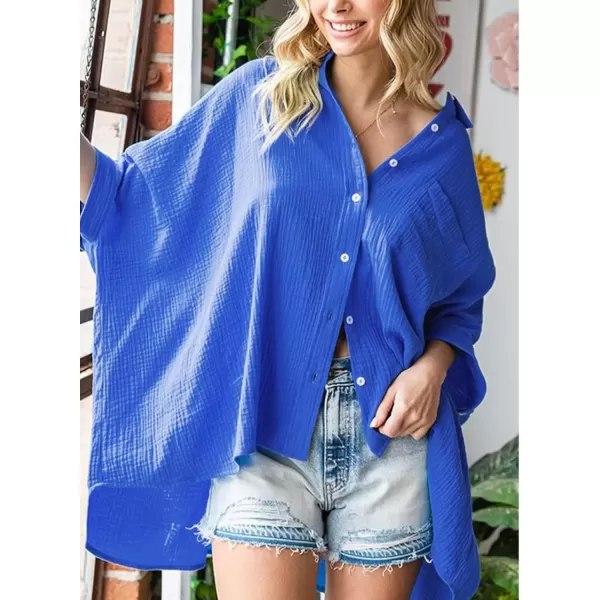 imageAstylish Women 2024 Oversized Button Down Shirt 34 Sleeve Blouse VNeck Textured TopsBlue