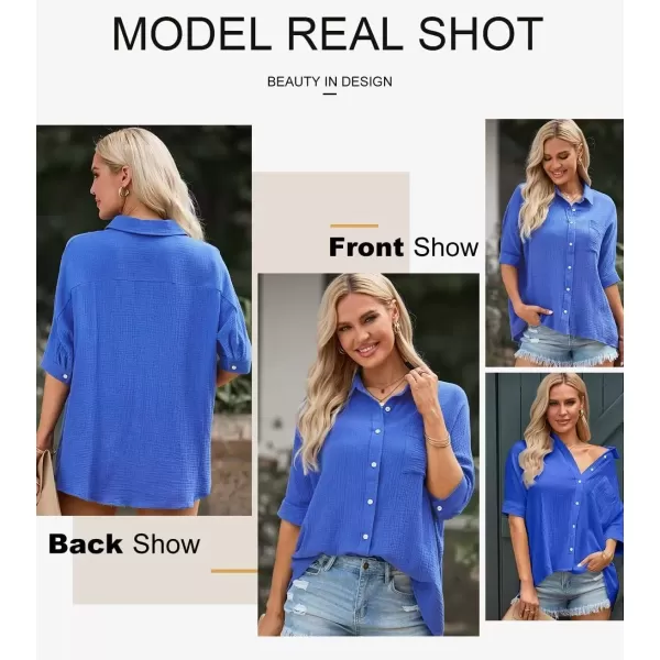 imageAstylish Women 2024 Oversized Button Down Shirt 34 Sleeve Blouse VNeck Textured TopsBlue