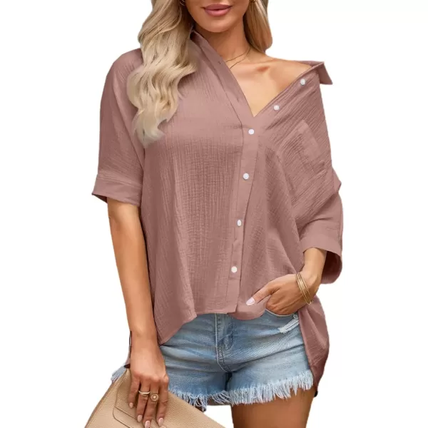 imageAstylish Women 2024 Oversized Button Down Shirt 34 Sleeve Blouse VNeck Textured TopsLight Pink
