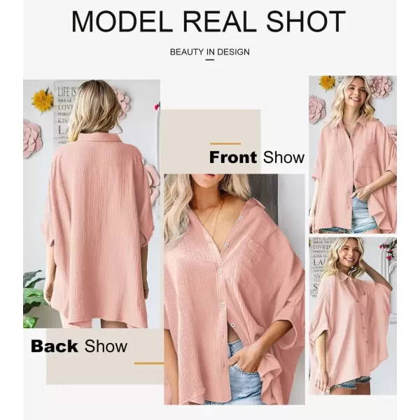 imageAstylish Women 2024 Oversized Button Down Shirt 34 Sleeve Blouse VNeck Textured TopsLight Pink