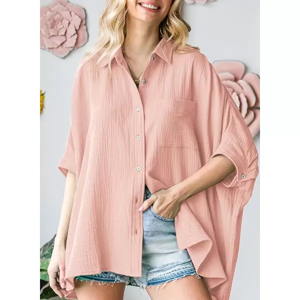 imageAstylish Women 2024 Oversized Button Down Shirt 34 Sleeve Blouse VNeck Textured TopsLight Pink