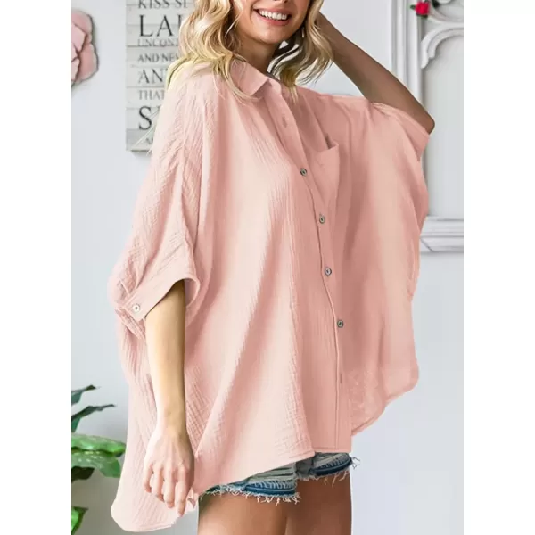 imageAstylish Women 2024 Oversized Button Down Shirt 34 Sleeve Blouse VNeck Textured TopsLight Pink