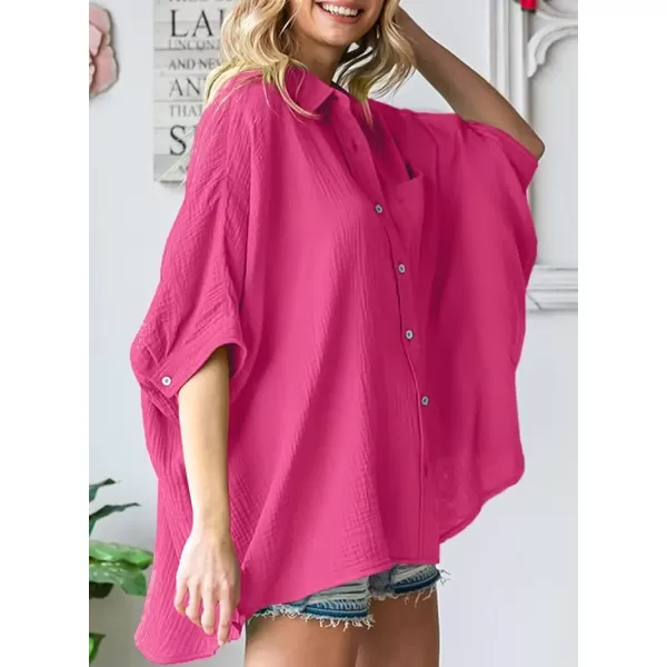 imageAstylish Women 2024 Oversized Button Down Shirt 34 Sleeve Blouse VNeck Textured TopsRed