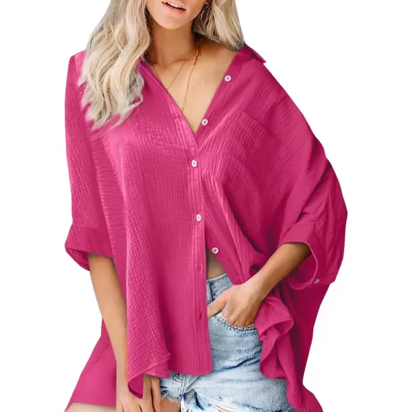 imageAstylish Women 2024 Oversized Button Down Shirt 34 Sleeve Blouse VNeck Textured TopsRed