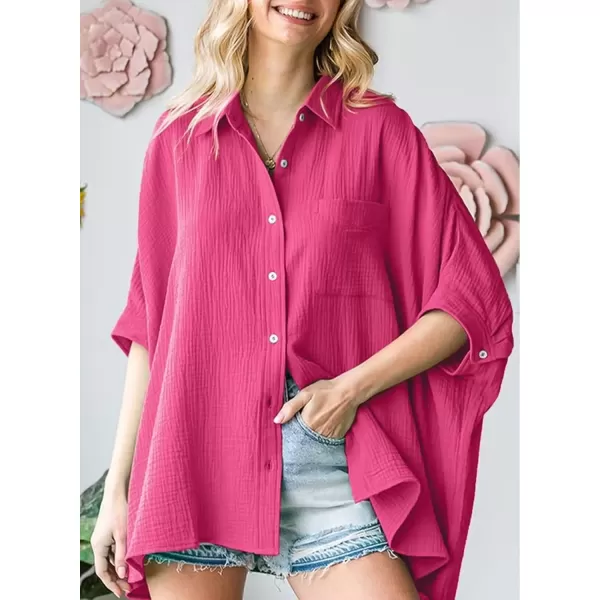 imageAstylish Women 2024 Oversized Button Down Shirt 34 Sleeve Blouse VNeck Textured TopsRed